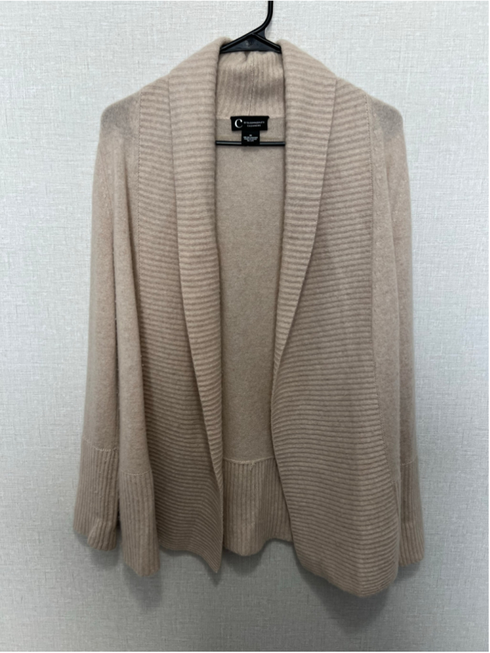 C By Bloomingdale's 100% Cashmere Beige Shawl Collar Open Front Cardigan